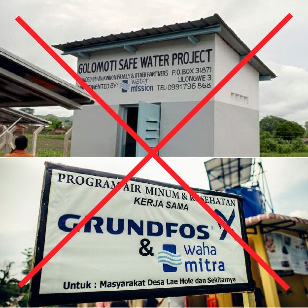 Hand-painted building sign with partner logo dominance over the Water Mission logo