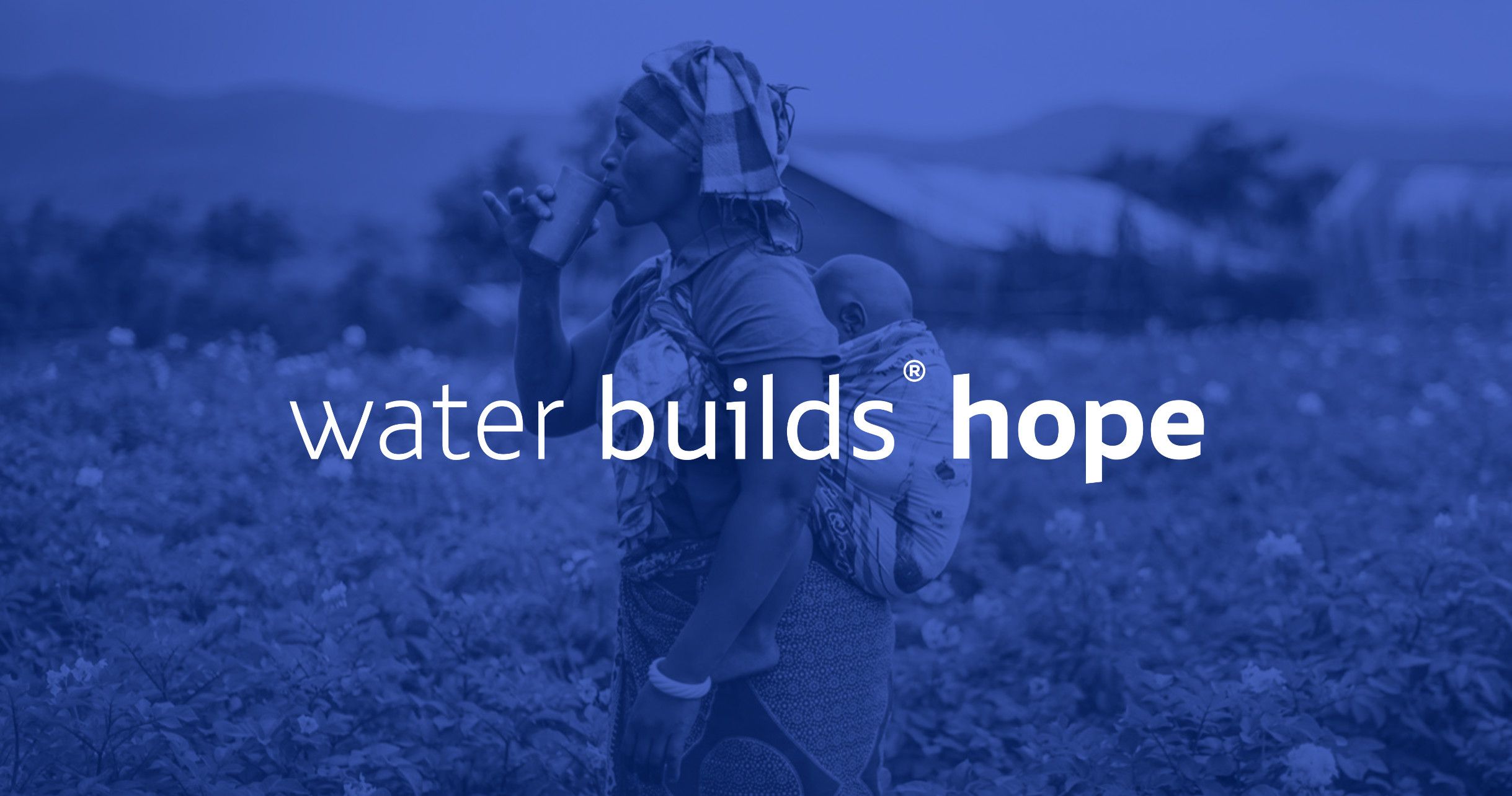 Image of woman drinking safe, clean water, branded with Water Builds Hope wordmark overlayed