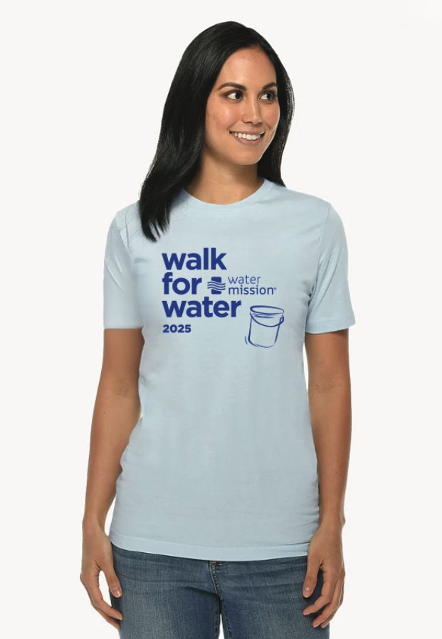 Light blue Walk for Water 2025 t-shirt