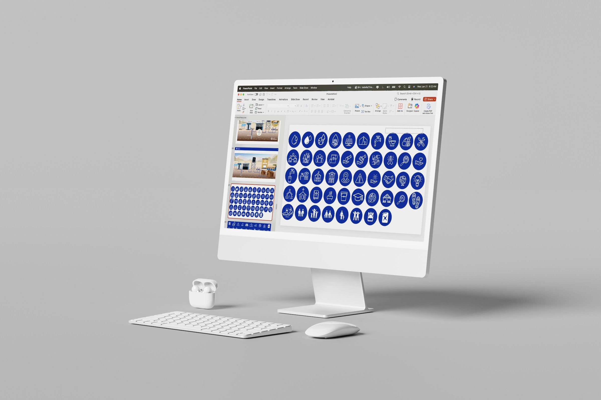 Water Mission report spread with blue icon set