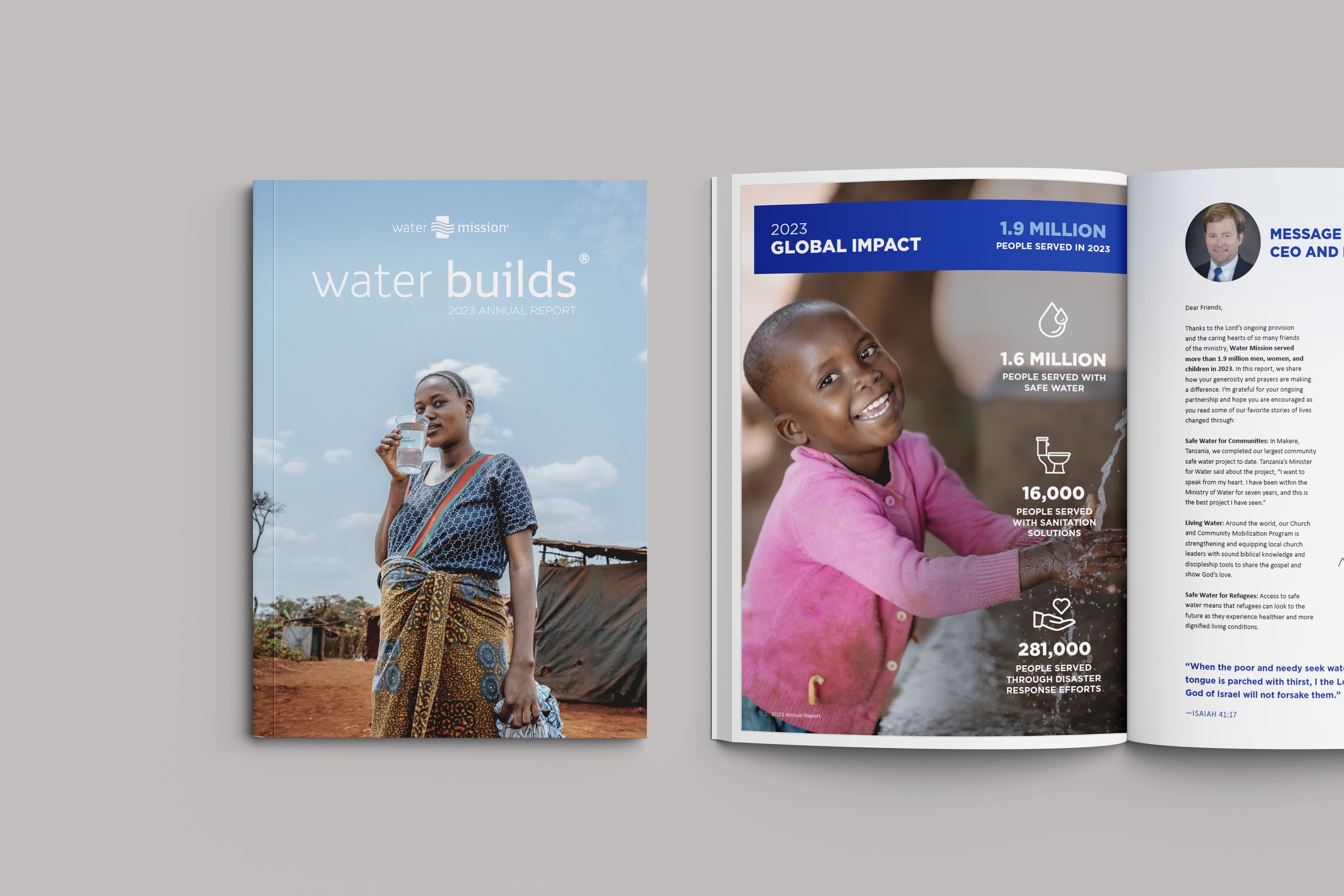 2023 Water Mission annual report cover and spread