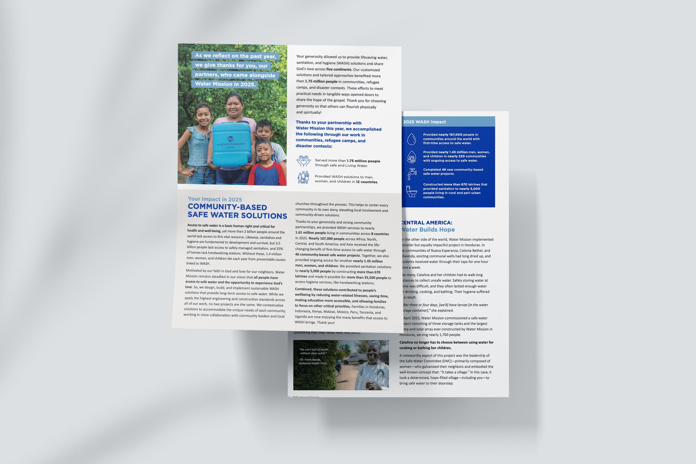 Water Mission report spread with blue icon set